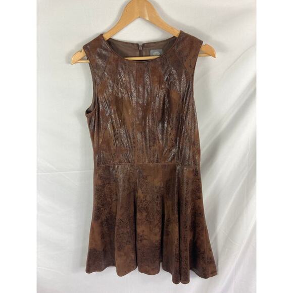 Vince Camuto Brown Wash Distressed Faux Leather Fit & Flare Dress Size 12 - Picture 3 of 10